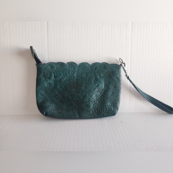Vintage Gabriel S Hand Wristlet Dark Green Tool Stamped Leather Flower Desgin - Picture 4 of 7
